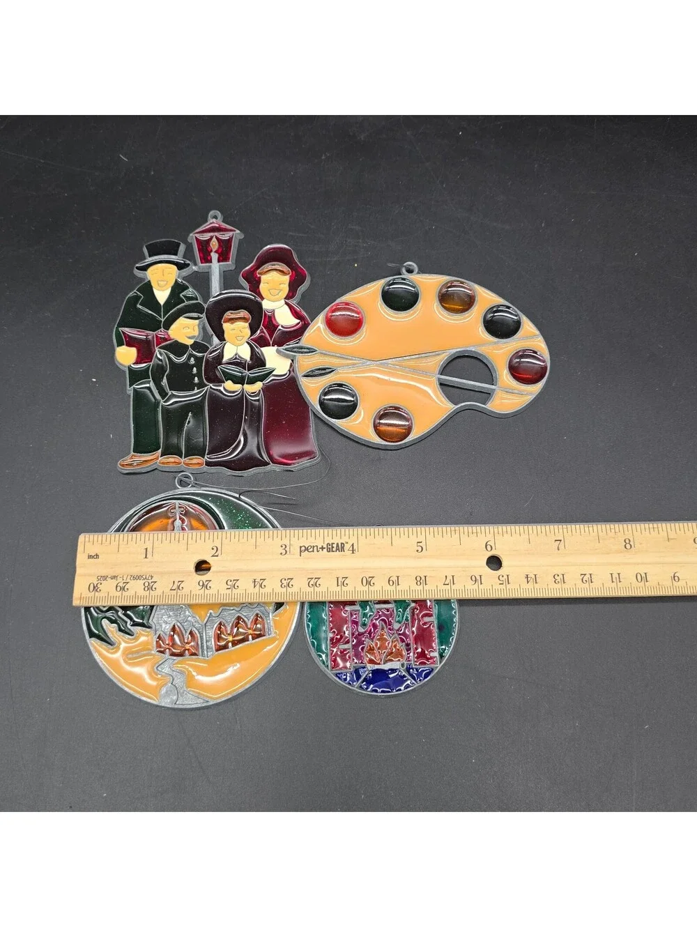 Vintage Faux Stained Glass Suncatcher Lot of 4 Christmas Carolers Church Palette